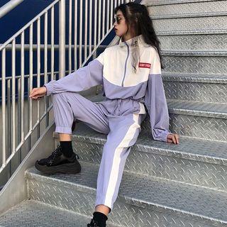 Stand Collar Half-zip Pullover/ Contrast-trim Jogger Pants