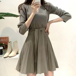 V-neck Tie-front A-line Knit Dress