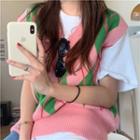 Sleeveless Patterned Knit Vest + Plain T-shirt Pink - One Size