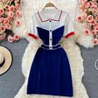 Short Sleeve Color Block Polo Knit Dress Blue - One Size