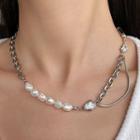 Rhinestone Faux Pearl Necklace 1pc - Silver & White - One Size