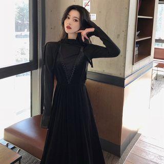Set: Long-sleeve Mock-neck Top + Velvet Midi A-line Pinafore Dress