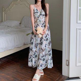 Floral V-neck Suspender Skirt As Shown In Figure - One Size