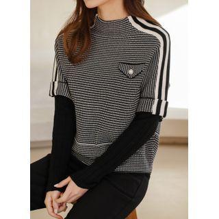 Mock Two-piece Patterned Knit Top Black - One Size