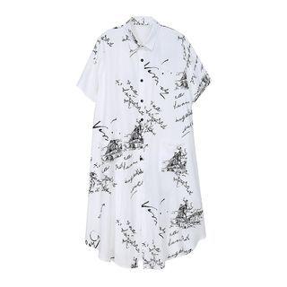 Elbow-sleeve Lettering Midi A-line Shirtdress White - One Size