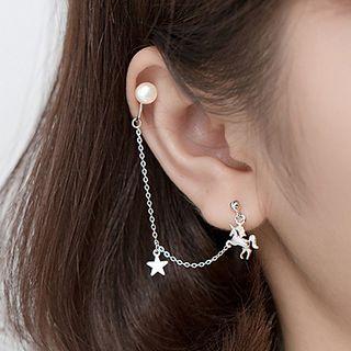925 Sterling Silver Unicorn Faux Pearl Chained Earring 1 Pc - 925 Silver - One Size