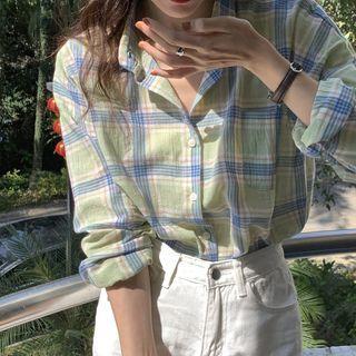 Long-sleeve Plaid Shirt Plaid - Green & Blue - One Size