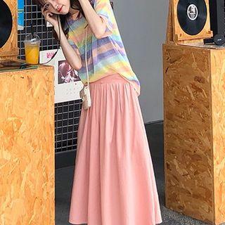 Color-block Loose-fit Short-sleeve Knit Top / A-line Skirt