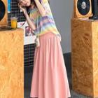 Color-block Loose-fit Short-sleeve Knit Top / A-line Skirt