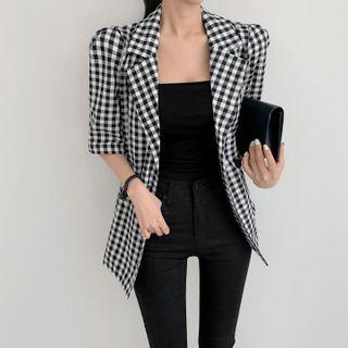 Short-sleeve Double Breasted Plaid Blazer Black & White - One Size