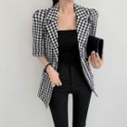 Short-sleeve Double Breasted Plaid Blazer Black & White - One Size