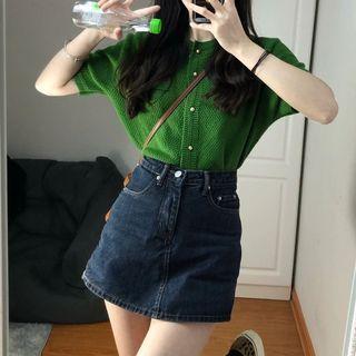 Short-sleeve Button-up Knit Top / Denim Mini A-line Skirt
