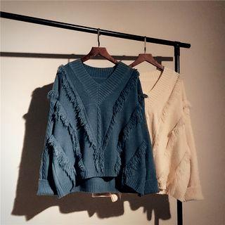 Fringed-trim V-neck Oversize Sweater