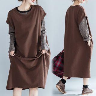 Long-sleeve Striped T-shirt / Mid Pinafore Dress
