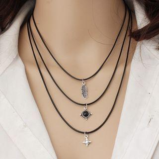 Retro Layered Leather Necklace Black - One Size