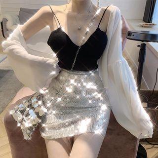 Light Jacket / Spaghetti Strap Knit Top / Sequined Mini Skirt