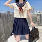 Set: Elbow-sleeve Sailor Collar Blouse + Pleated Mini A-line Skirt