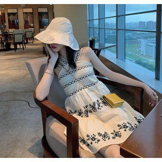 Floral Embroidered Crochet Trim Sleeveless Mini A-line Dress