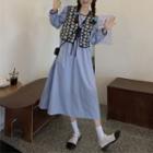 Balloon-sleeve Midi A-line Dress / Tie-front Vest