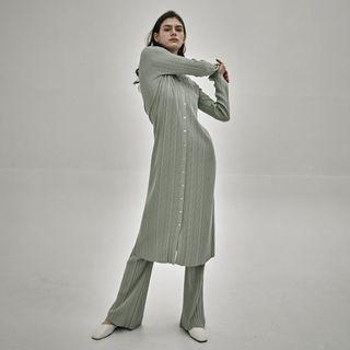 Collared V-neck Ribbed Long Knit Dress