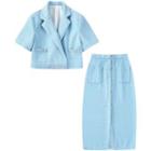 Short-sleeve Cropped Blazer / Midi Pencil Skirt