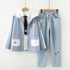 Cartoon Print Hooded Zip Jacket / Shirt / Tie / Straight Leg Jeans / Set