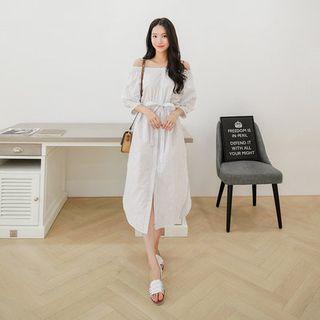 Off-shoulder 3/4-sleeve Long Shirtdress With Sash