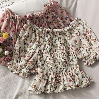 Off-shoulder Ruffled-trim Smocked Top