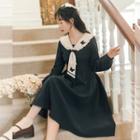 Long-sleeve Butterfly Embroidered Sailor Collar Midi A-line Dress