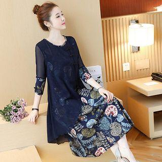 Floral Print Elbow-sleeve Midi Mock Two-piece Dress