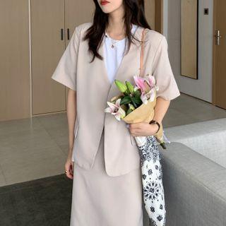 Set: Short-sleeve Blazer + A-line Skirt Set - Almond - One Size