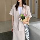 Set: Short-sleeve Blazer + A-line Skirt Set - Almond - One Size