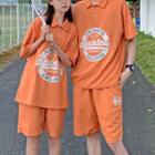 Couple Matching Set: Elbow-sleeve Lettering Polo Shirt + Shorts