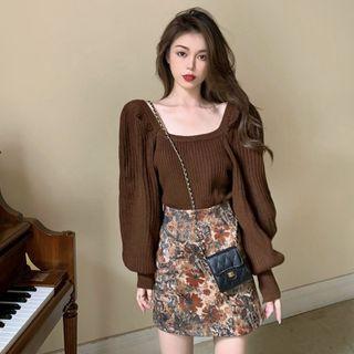 Balloon-sleeve Square Neck Sweater / Print A-line Mini Skirt
