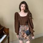 Balloon-sleeve Square Neck Sweater / Print A-line Mini Skirt