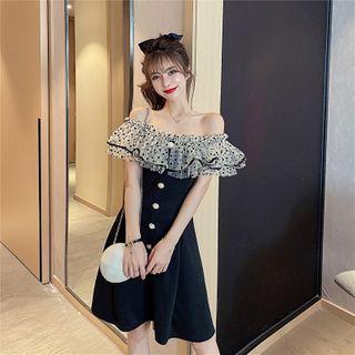 Off-shoulder Dotted Mesh Trim A-line Dress