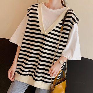 Set: Elbow-sleeve T-shirt + V-neck Striped Knit Vest
