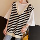 Set: Elbow-sleeve T-shirt + V-neck Striped Knit Vest