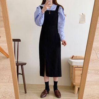 Plain Shirt / Slit Midi A-line Overall Dress