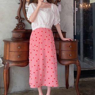 Short-sleeve Lace Panel Top / Midi Dotted A-line Skirt