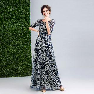 Short-sleeve Sequined Embroidery Evening Gown