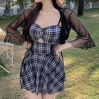 Set: Spaghetti-strap Plaid Swim Dress + Cover Up