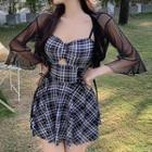 Set: Spaghetti-strap Plaid Swim Dress + Cover Up