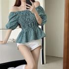 Off-shoulder Check Shirred Top