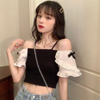 Short-sleeve Paneled Blouse Black - One Size