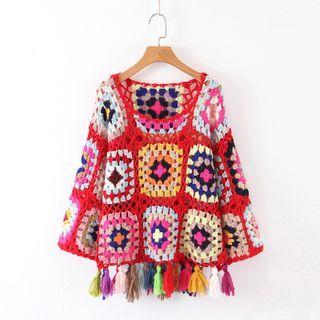 Tassel Color Block Crochet Knit Top