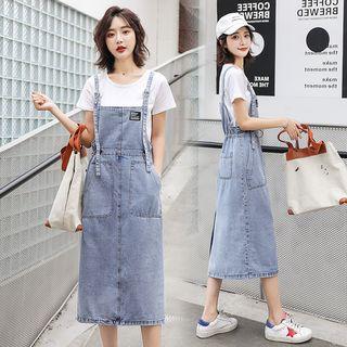 Set: Short-sleeve T-shirt + Midi Denim Jumper Dress