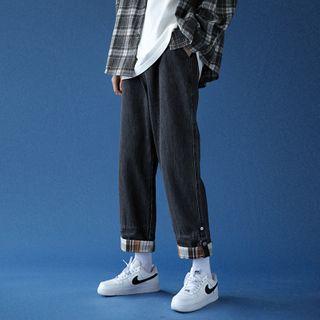 Plaid Panel Straight Leg Jeans