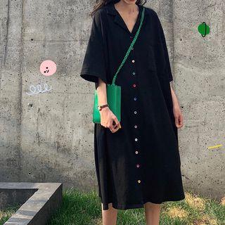 Elbow-sleeve Contrast Button Dress Black - One Size