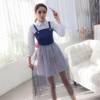 Set: 3/4-sleeve Shirt Dress + Mesh Midi A-line Jumper Dress